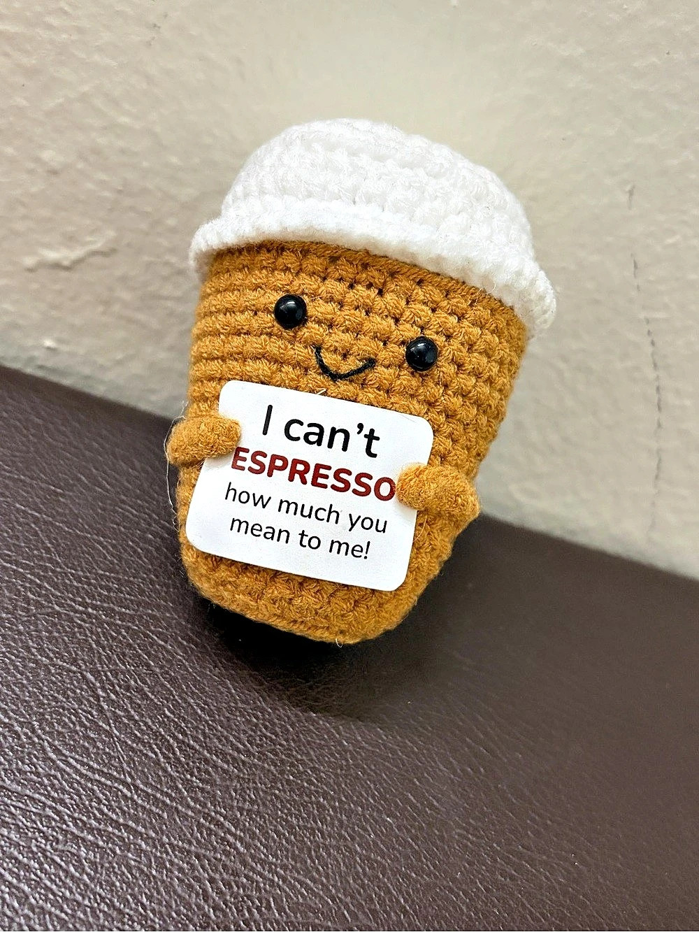 Emotional Support Crochet Coffee Cup Decor Brown & White